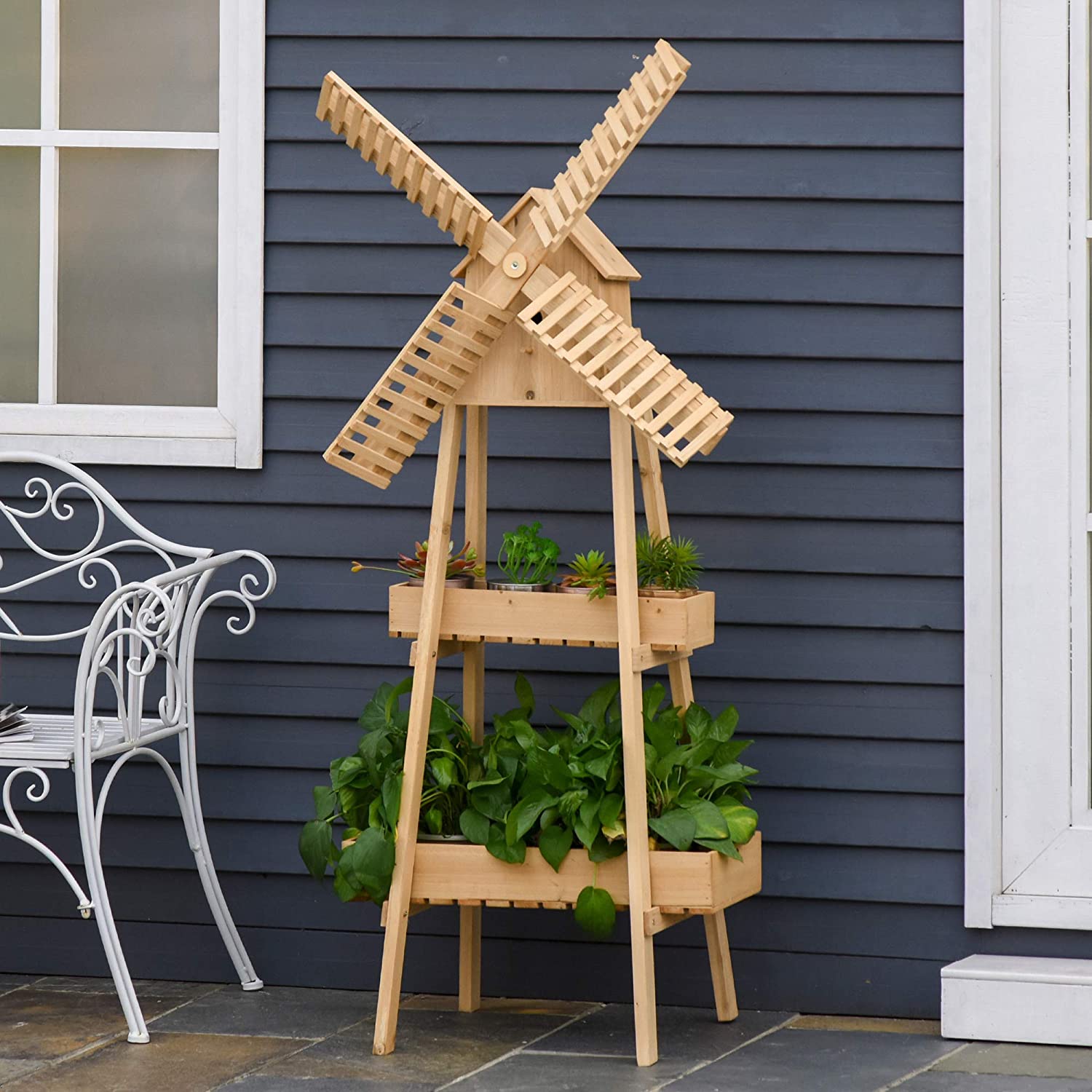 10. Outsunny 2 Tier Wood Flower Stand with Windmill