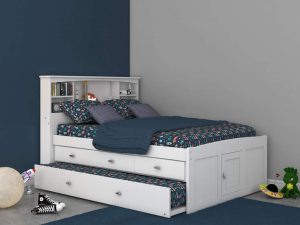 White Full Bookcase Bed with 3 Drawers and Trundle