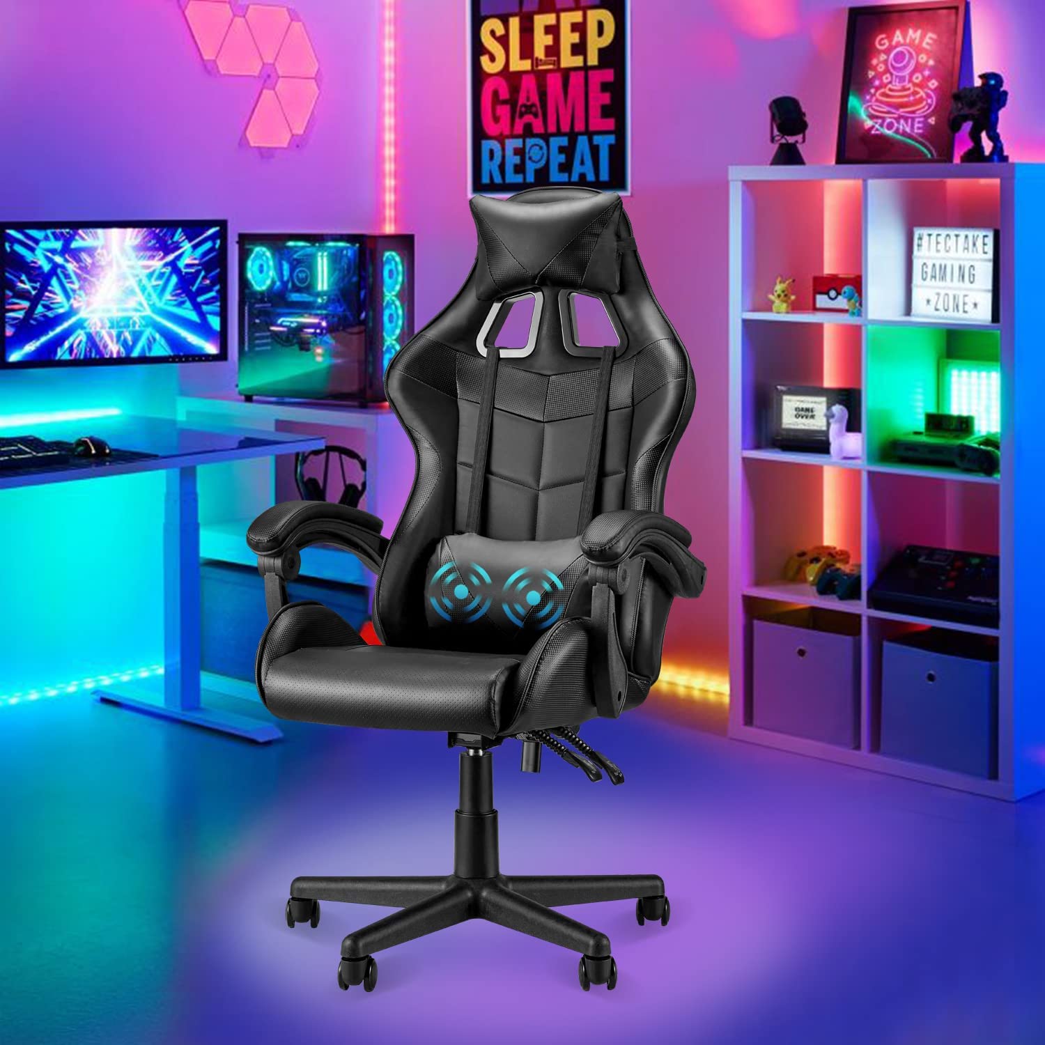 3. Soontrans Black Gaming Chair with Adjustable Headrest and Lumbar Support 