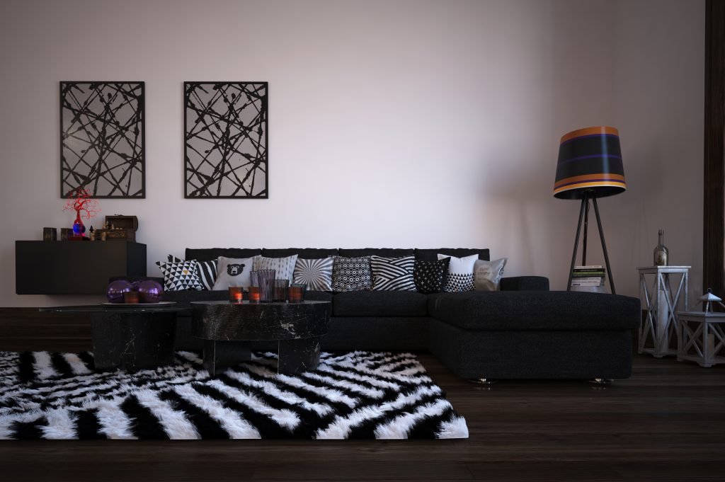 Modern living room with bold striped rug