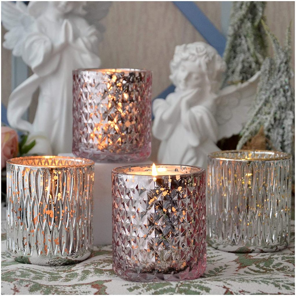 Silver and Pink Mercury Glass Tea Candle Holders