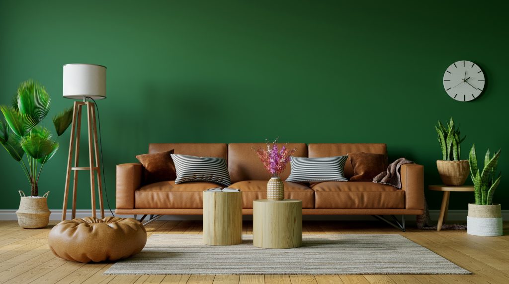 Beautiful living room with leather sofa on green empty wall back