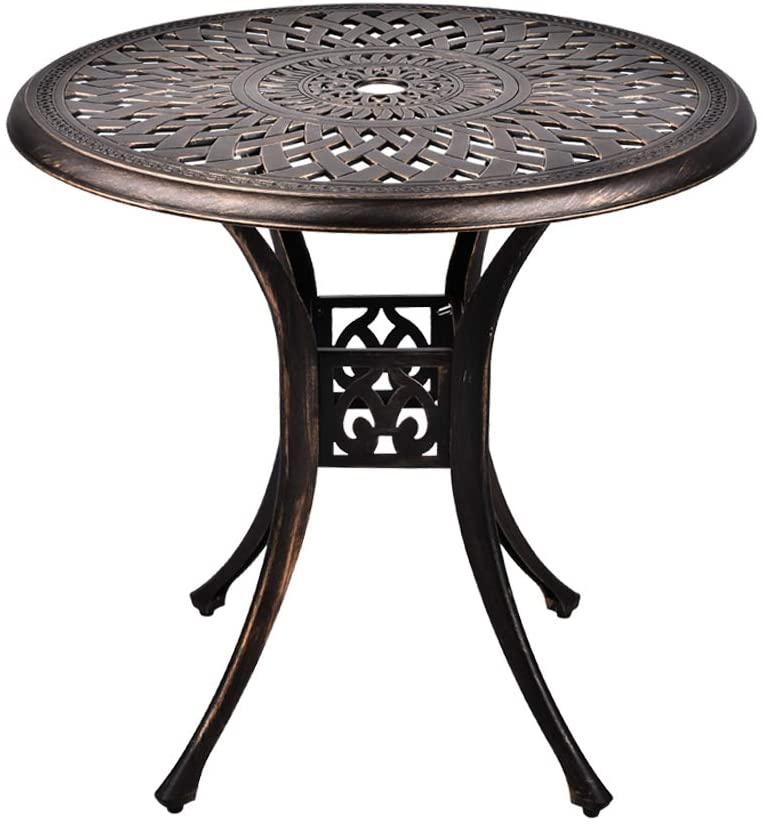 Cast Aluminum,Rust-Resistant Waterproof Round Table for Lawn ECOTOUGE Patio Bistro Table with 2 Umbrella Hole Porch Bronze 