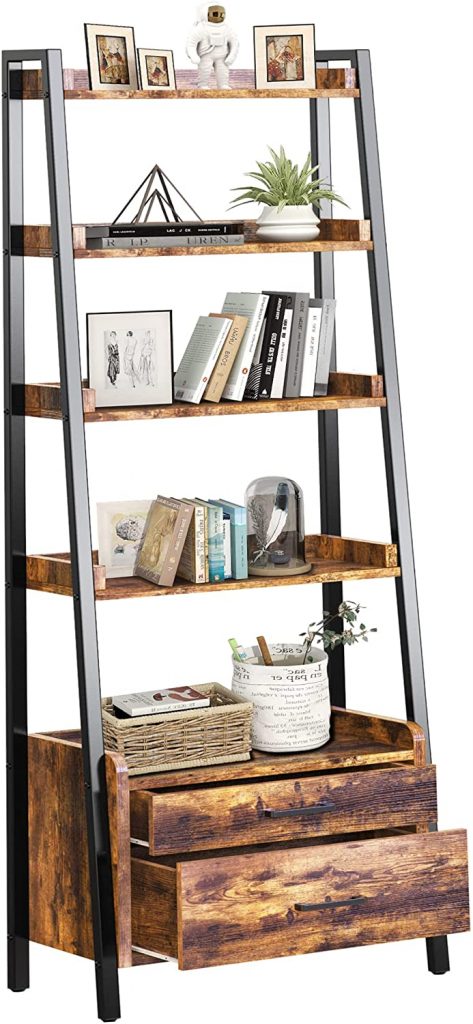 FABATO 5-Tier Industrial-Style Ladder Bookcase with Drawers