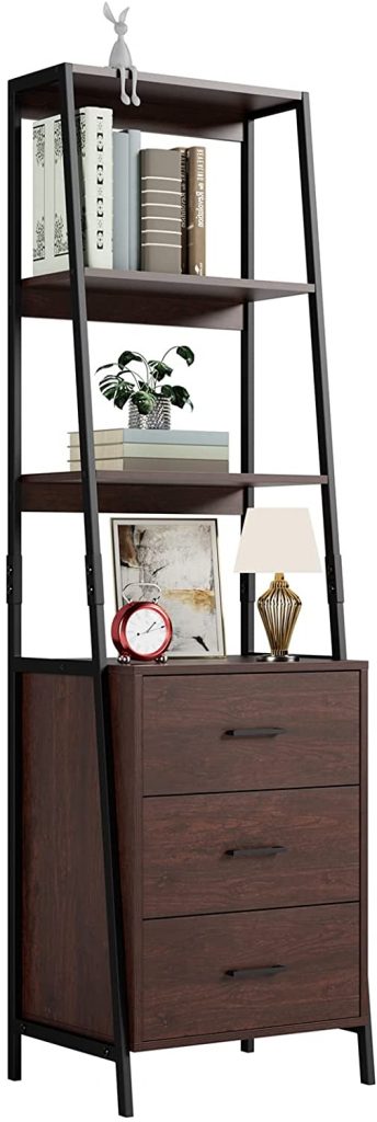 HITHOS 3-Tier Industrial-Style Ladder Bookcase with Drawers
