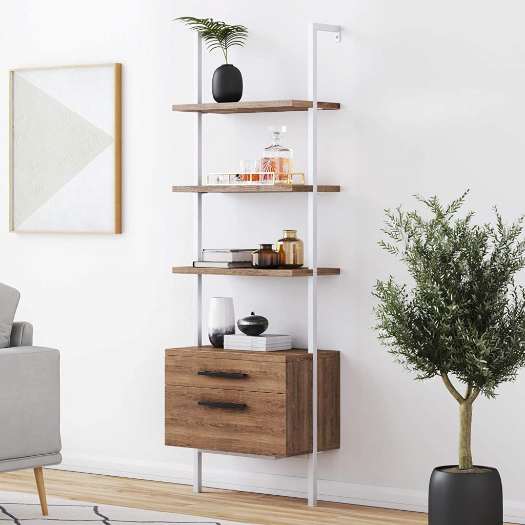 Nathan James Theo 5-Shelf Industrial Bookshelf with Wooden Drawers