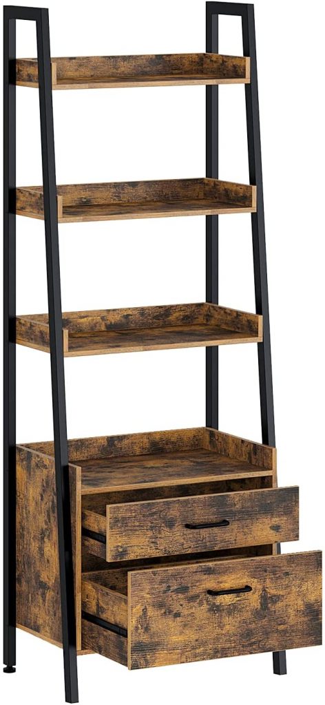 Rolanstar 4-Tier Industrial-Style Ladder Bookcase with Drawers