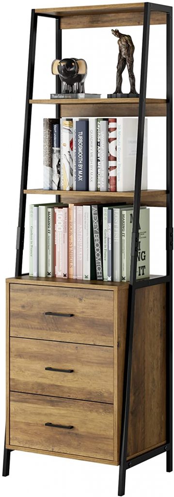 URKNO 3-Tier Industrial-Style Ladder Bookcase with Drawers