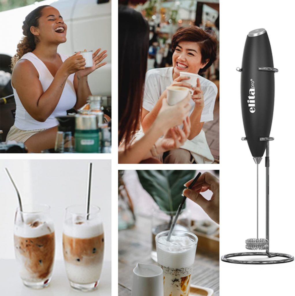 1. ELITAPRO Milk Frother with Double Whisk and Stand