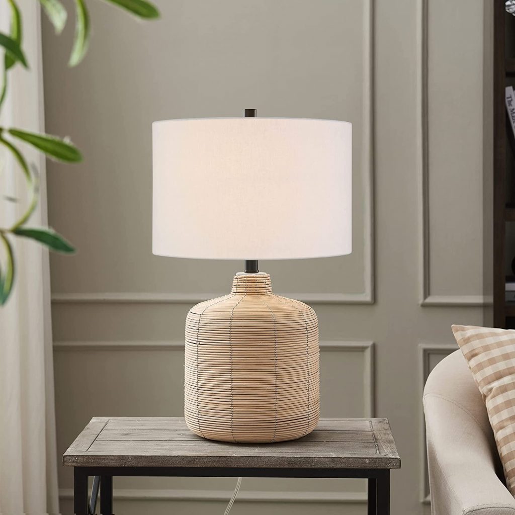 3. Henn & Hart Table Lamp with Fabric Shade in Natural Rattan
