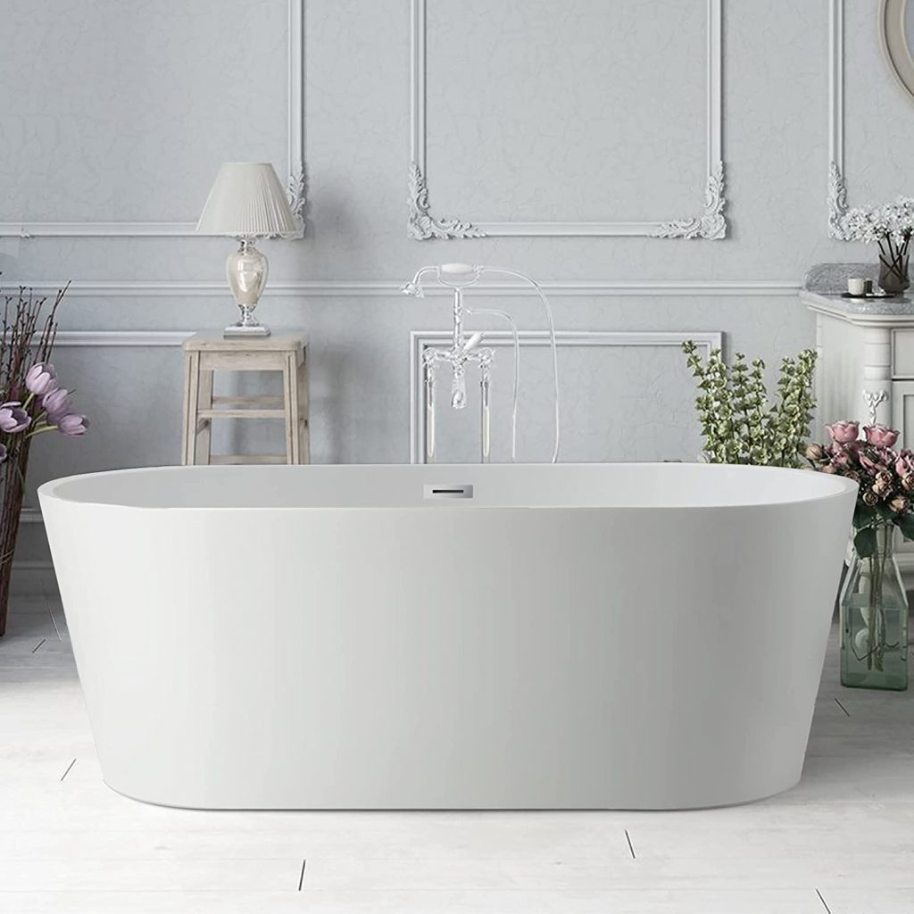 5. Vanity Art Freestanding White Acrylic Bathtub with Polished Chrome