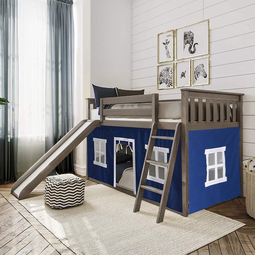Max &amp; Lily Low Bunk Bed With Slide and Curtains For Bottom