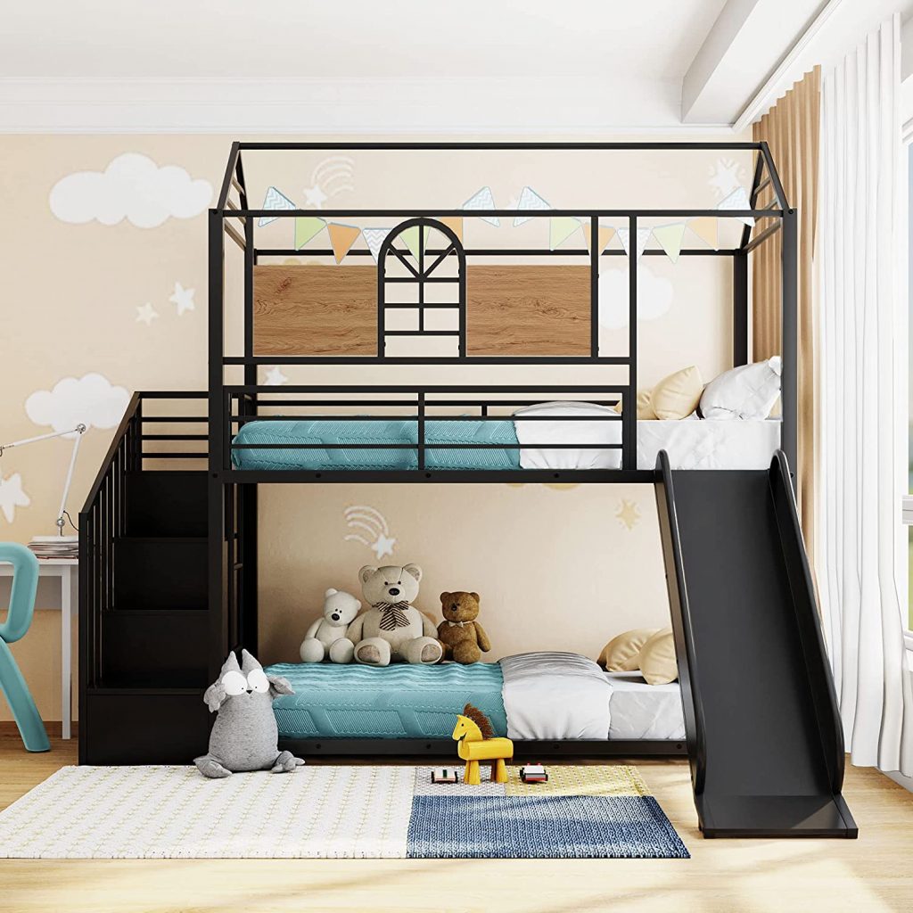 Merax Twin Over Twin Metal House Bunk Bed with Slide and Storage Stair