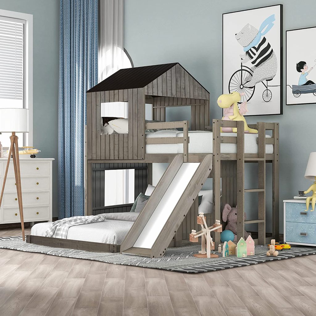 Wood Bunk Beds with Roof and Guard Rail for Kids