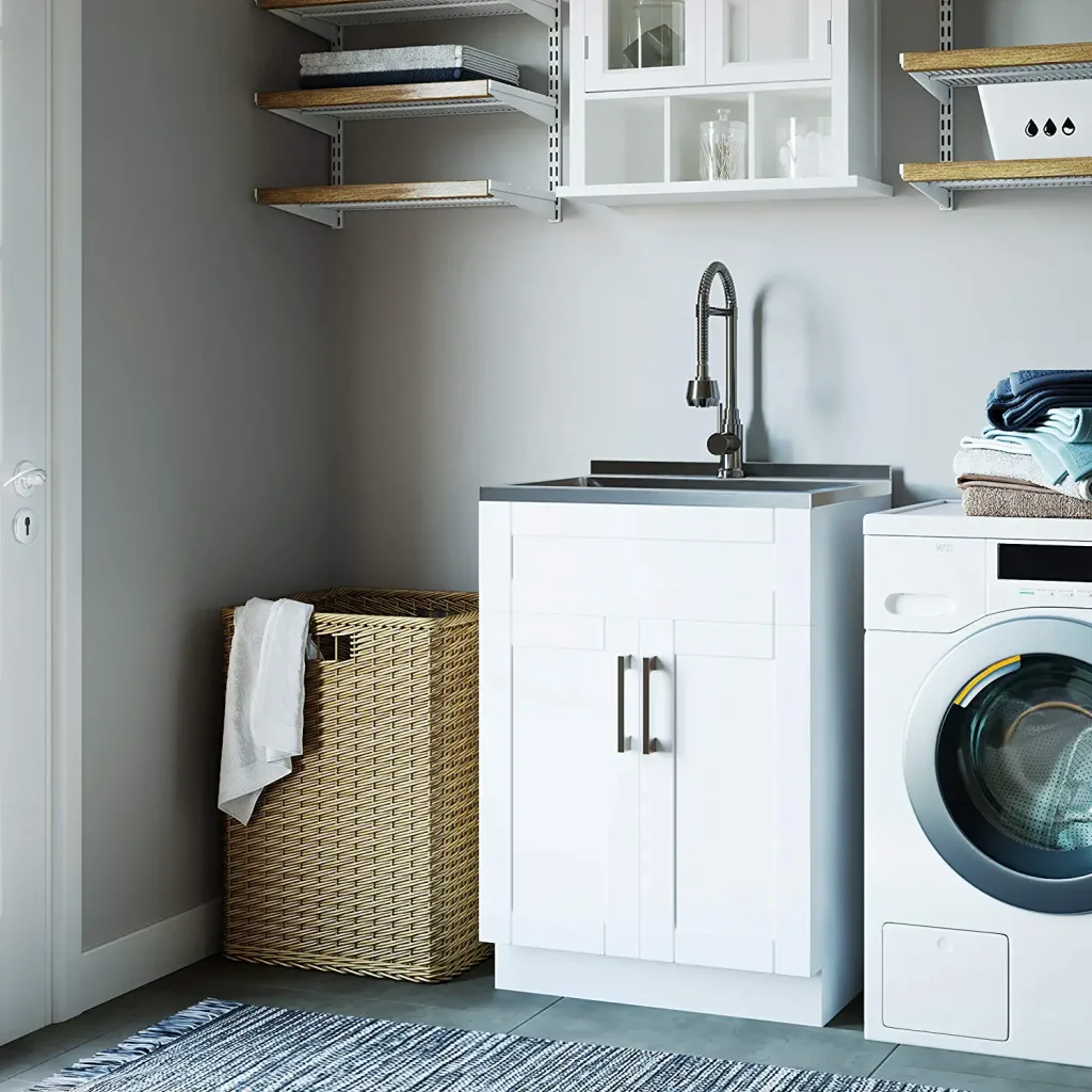 6. SIMPLIHOME Hennessy Contemporary Laundry Cabinet with Faucet and Stainless Steel Sink