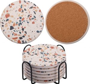 Absorbent Marble-Style Ceramic Coasters with Cork Base