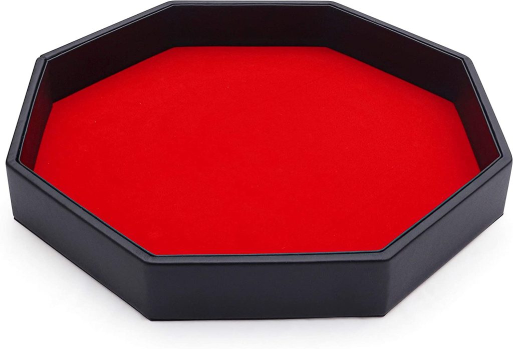 Belle Vous Black PU Leather and Red Velvet Octagon Rolling Dice Storage Tray