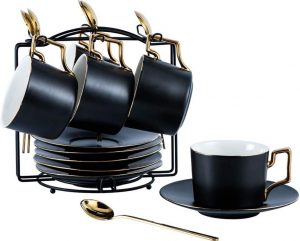 CHILDIKE Matte Black Porcelain Coffee Cups and Saucers