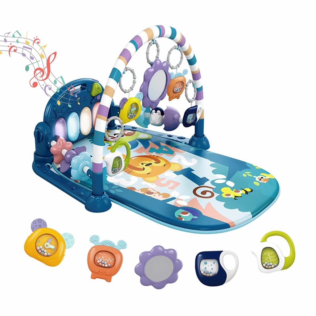 Funny Play Piano Tummy Time Baby Activity Gym Mat with 5 Sensory Baby Toys