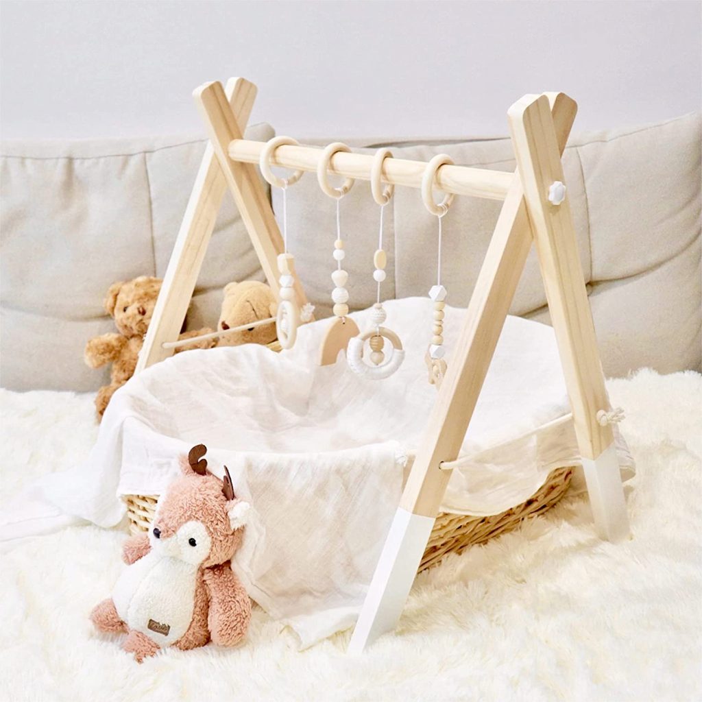 PgUp Foldable Baby Gym with 4 Wooden Baby Hanging Toys for Play &amp; Learn