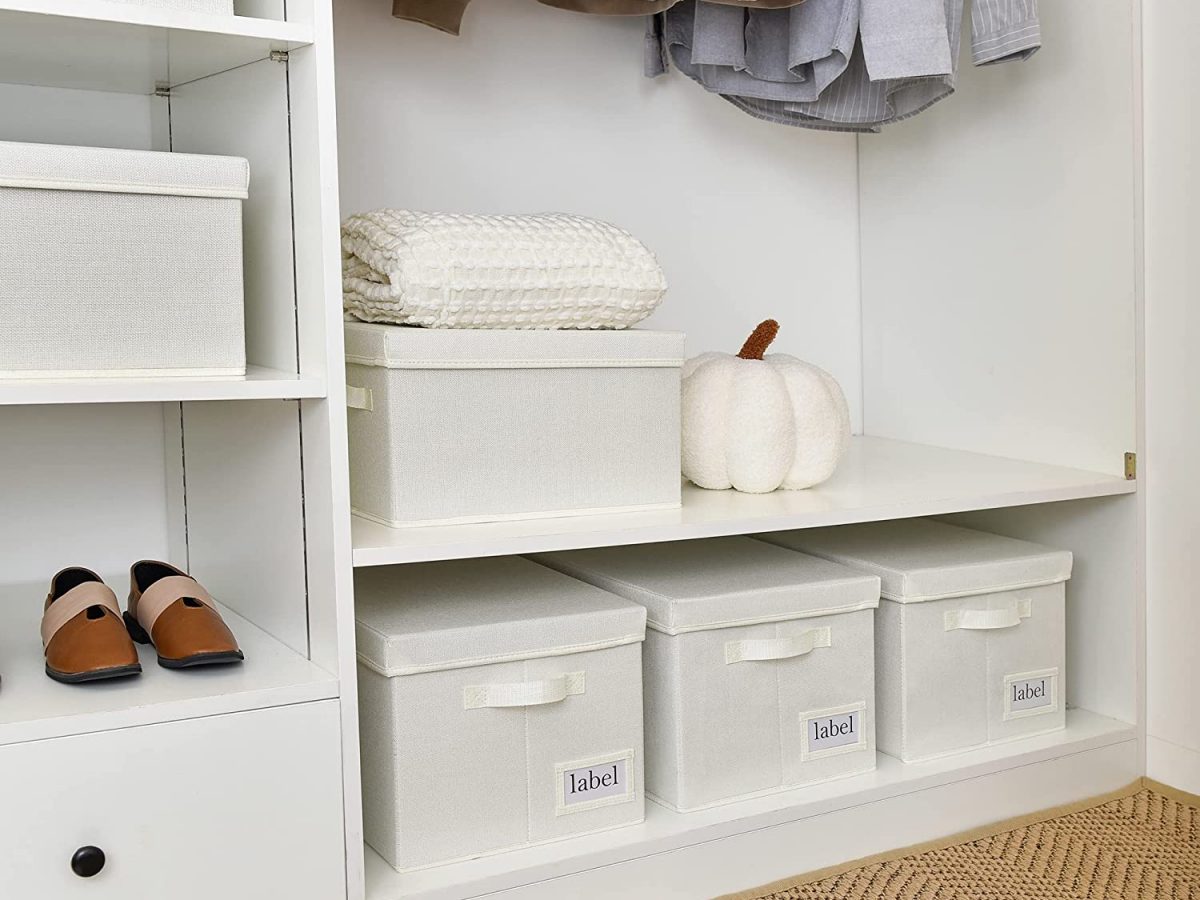 DIMJ Storage Bin, Fabric Storage Bins with Lid, Hand Pull Closet Organizer  with Window, Foldable storage bins for Shelves, Office, Children's room  (Grey, Set of 4) 