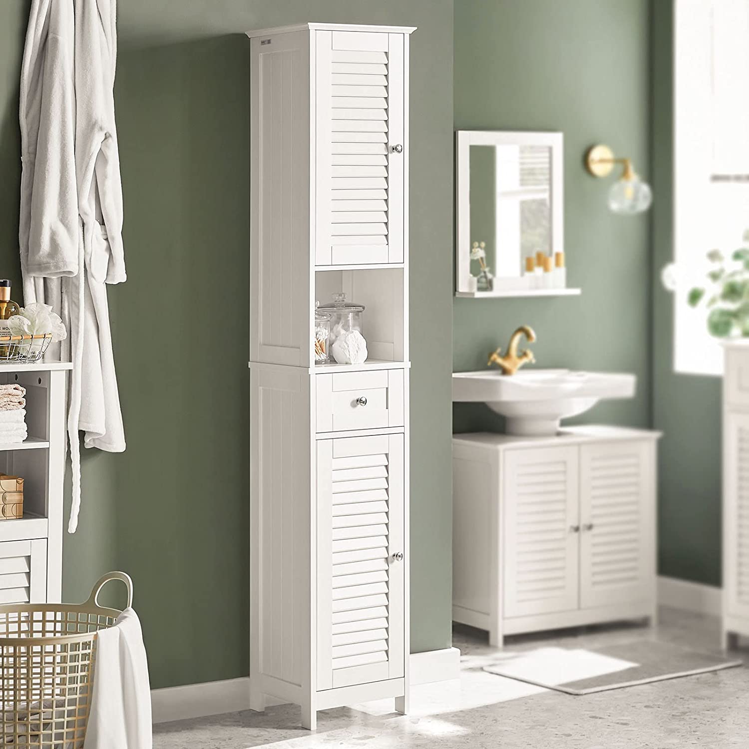 Haotian White Floor Standing Tall Bathroom Storage Cabinet 