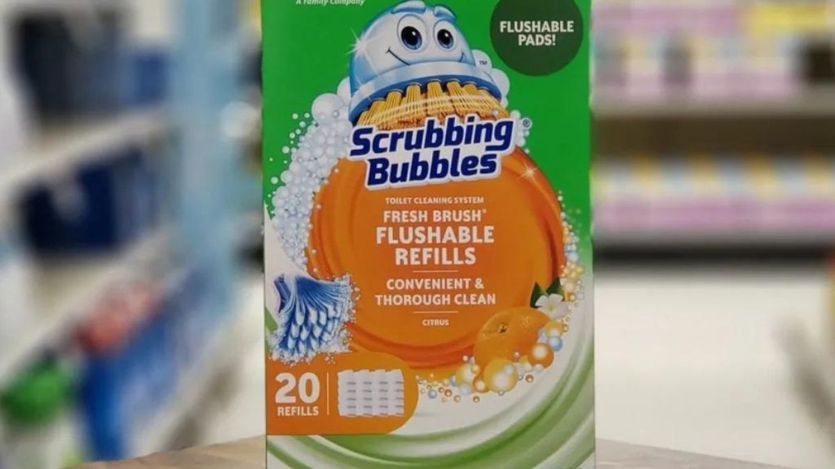Scrubbing Bubbles Fresh Brush Toilet Bowl Brush and Holder with Toilet Cleaner Refill Pads & Gel Stamps, Cleans Limescale & Fights Odors, Citrus