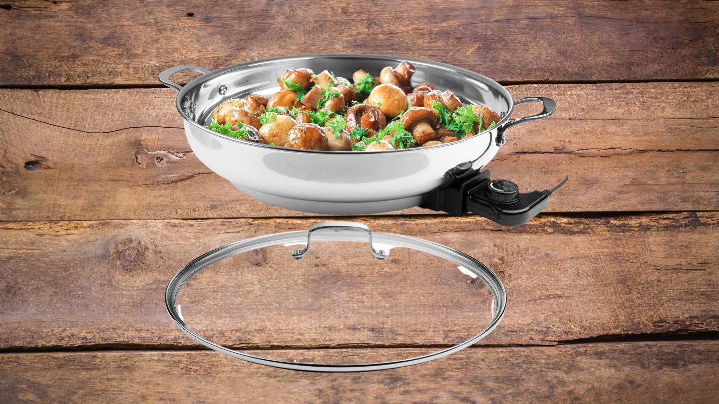 Electric Skillet By Cucina Pro - 18/10 Stainless Steel with Tempered Glass  Lid, 12 Round