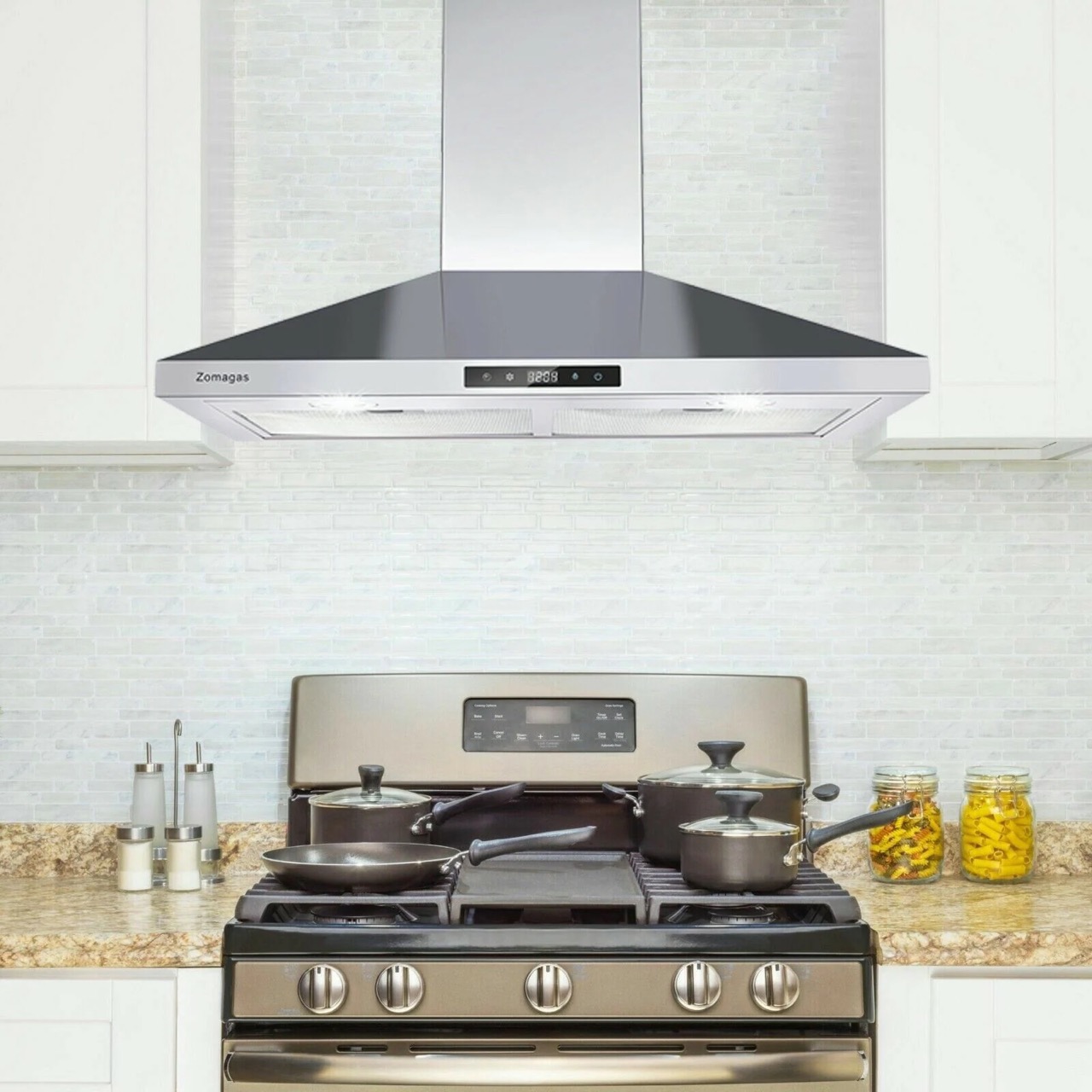 Zomagas Range Hood 30 inch, Wall Mount Vent Hood in Stainless Steel,  Ducted/Ductless Convertible Duct, Kitchen Hood w/Baffle Filters, 3 Speed  Fan