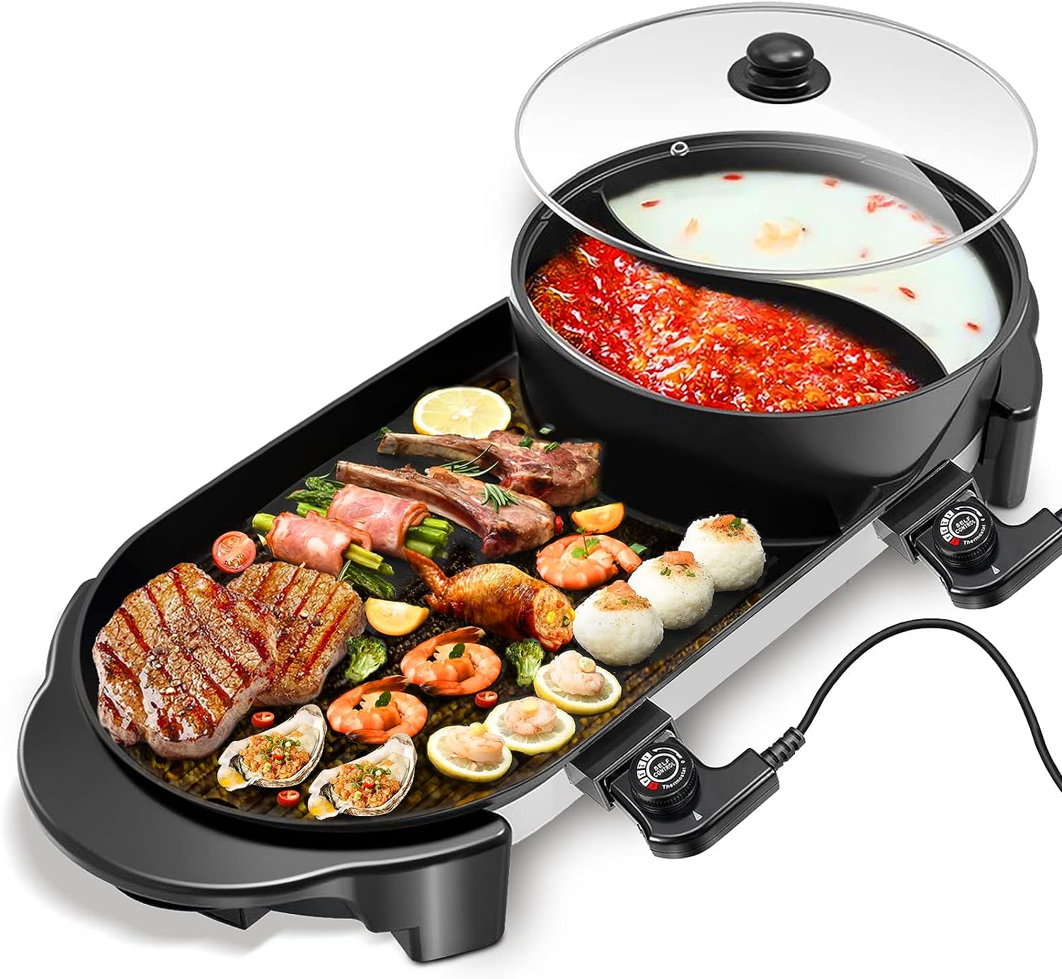 Topwit Hot Pot Electric with Grill, 2 in 1 Indoor Non-Stick Electric Pot and Griddle for Korean BBQ, Steaks, Shabu Shabu and Noodles, Independent