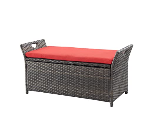 TMEE Outdoor Wicker Storage Bench with Cushion