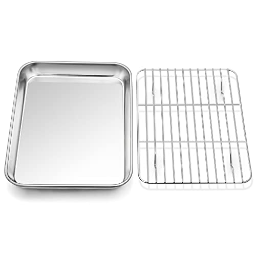 TeamFar Pure Stainless Steel Toaster Oven Pan Tray Ovenware, 7''x9.3''x1'',  Heavy Duty & Healthy, Mirror Finish & Easy clean, Deep Edge, Dishwasher