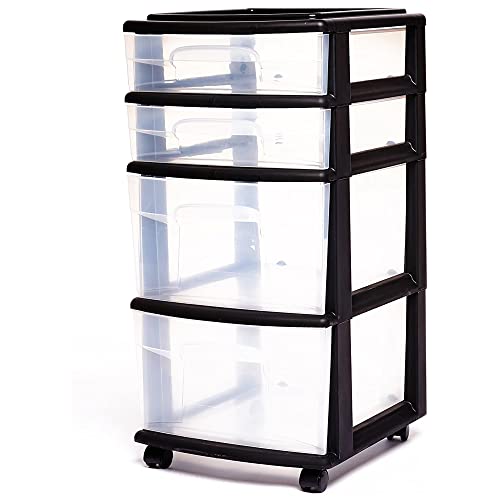 4 Drawers Clear Plastic Storage Container Tower with Black Frame