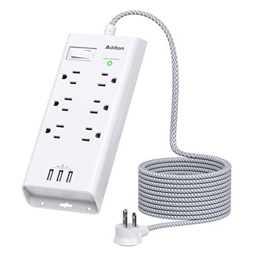 Addtam Power Strip Surge Protector - 6 Outlets, 3 USB Ports, Wall Mount