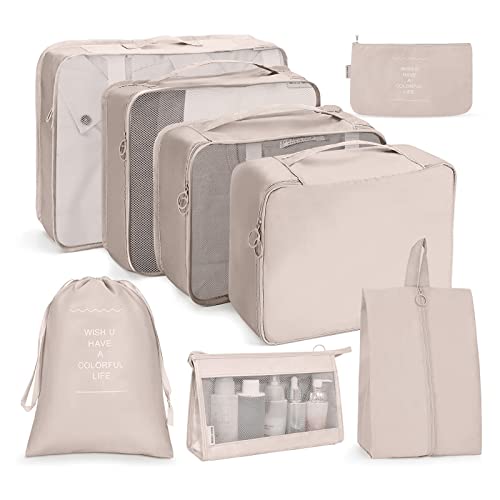 Travel Packing Cubes for Suitcases, 8 Pcs - Beige