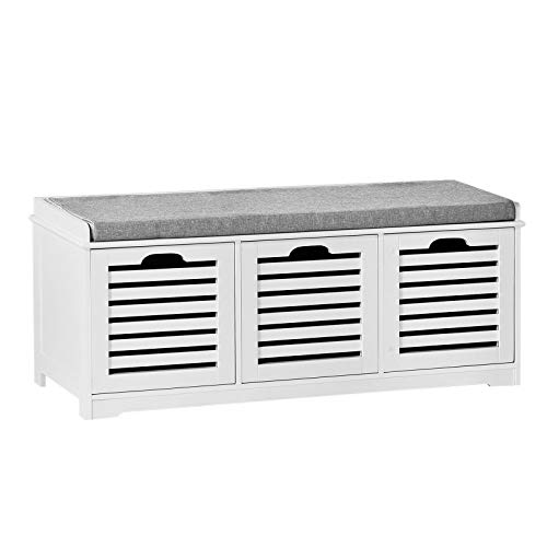 White Storage Bench with 3 Drawers & Padded Seat Cushion