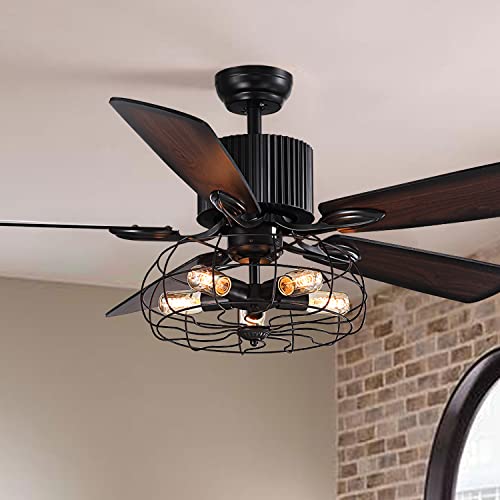 Industrial Caged Ceiling Fan Light with Remote Control