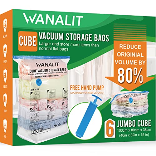 Cube Vacuum Storage Bags - 6 Pack Jumbo Cube Size Vacuum Sealer Compression Space Saver Bag for Clothes, Comforters, Blanket, Duvets, Pillows