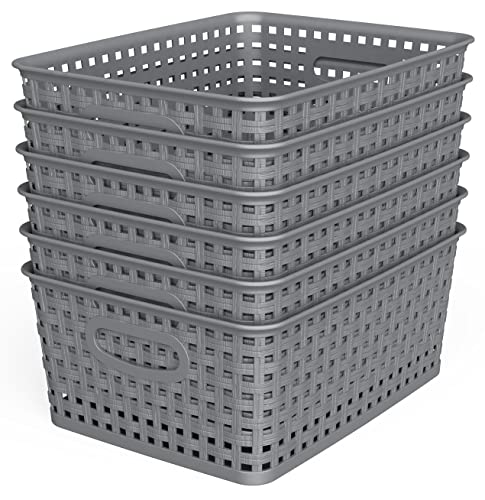 Weave Storage Organizer Baskets - Grey 6-Pack Plastic Woven Baskets