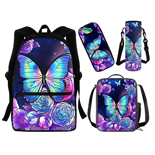Showudesigns Butterfly Flower School Bag and Lunch Bag for Girls