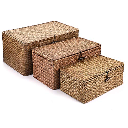 Set of 3 Natural Seagrass Storage Baskets with Lid