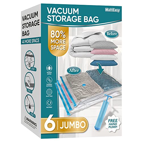 MattEasy Vacuum Storage Bags, 6 Pack Jumbo Space Saver Bags with Pump