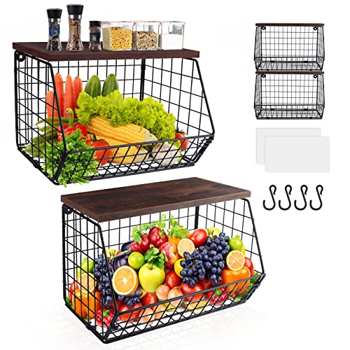 Mefirt Fruit Basket Onion Storage Wire Baskets with Wood Lid