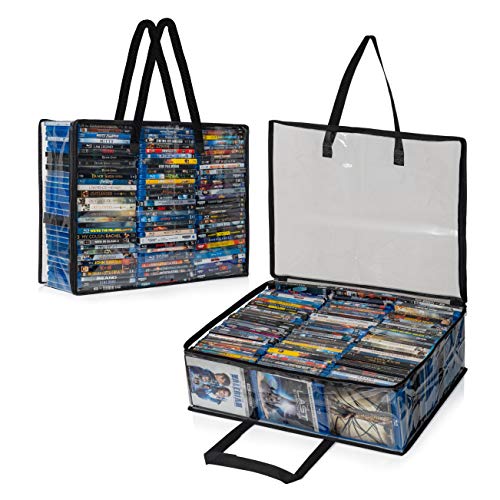 Set of 2 Clear Plastic Bags with Handles for Storing Blurays, DVDs, CDs, Storage Bags for Video Game Cases, Holds Up to 90 Bluray and 60 DVD Cases