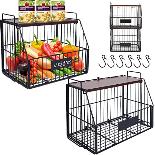 LiteViso Fruit Basket Onion Storage Wire Baskets with Wood Lid