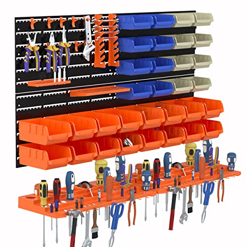 Wall Mounted Storage Bins with 52 Containers and Tool Holders