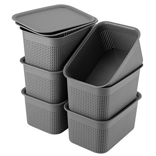 Stackable Plastic Storage Baskets with Lids - Pack of 6
