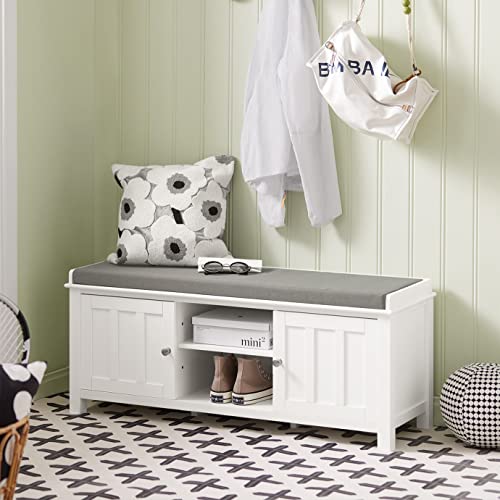 White Storage Bench with 2 Doors, Shelf & Removable Seat Cushion
