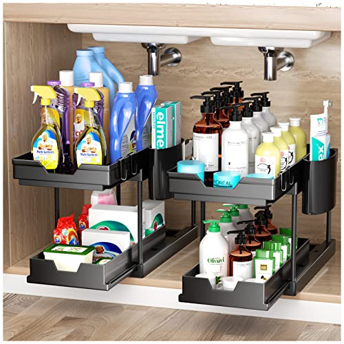 ARSTPEOE Under Sink Organizer with Double Sliding Drawers and Hooks, Black