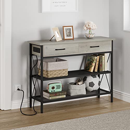Amyove Grey Console Table with USB Ports and 2 Drawers